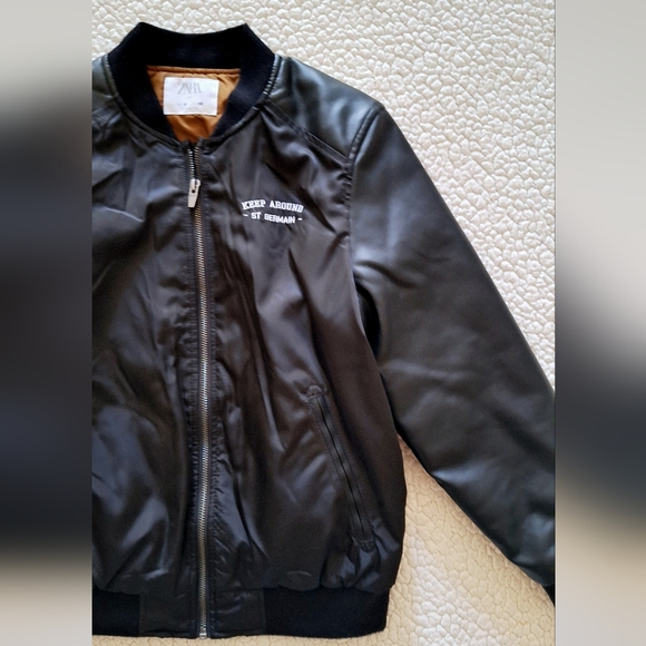 Zara Boys Black Faux Leather Sleeves Bomber Jacket Sz 10 Org $45 - Picture 5 of 11